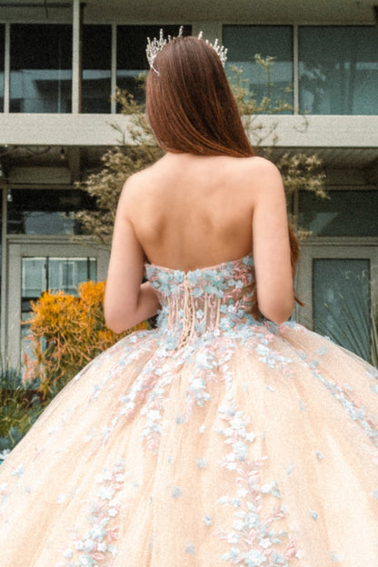 Beads Embellished Glitter Print Sweetheart Quinceanera Dress w/ detachable puff sleeve