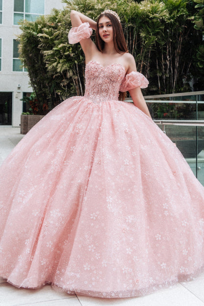 Beads Embellished Glitter Print Sweetheart Quinceanera Dress w/ detachable puff sleeve