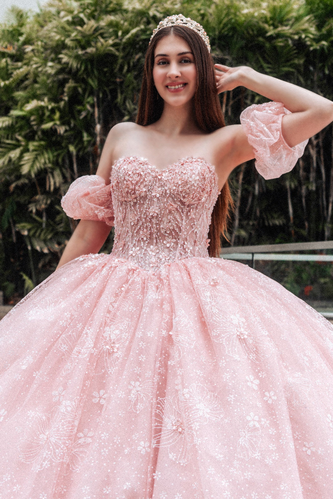 Beads Embellished Glitter Print Sweetheart Quinceanera Dress w/ detachable puff sleeve