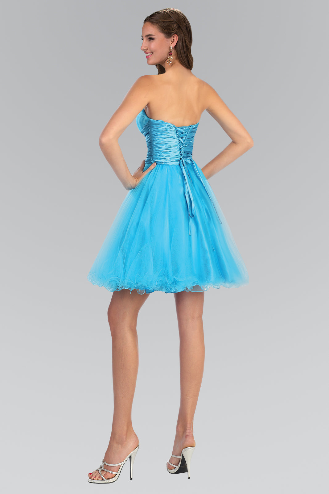 Strapless Sweetheart Tulle Short Dress Accented with Satin Belt and Jewel