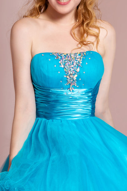 Strapless Sweetheart Tulle Short Dress Accented with Satin Belt and Jewel