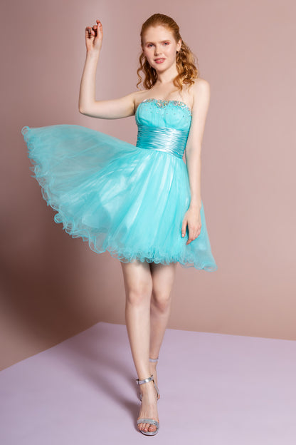 Sleeveless Sweetheart Beaded Tulle Short Dress with Pleated Satin Waistband