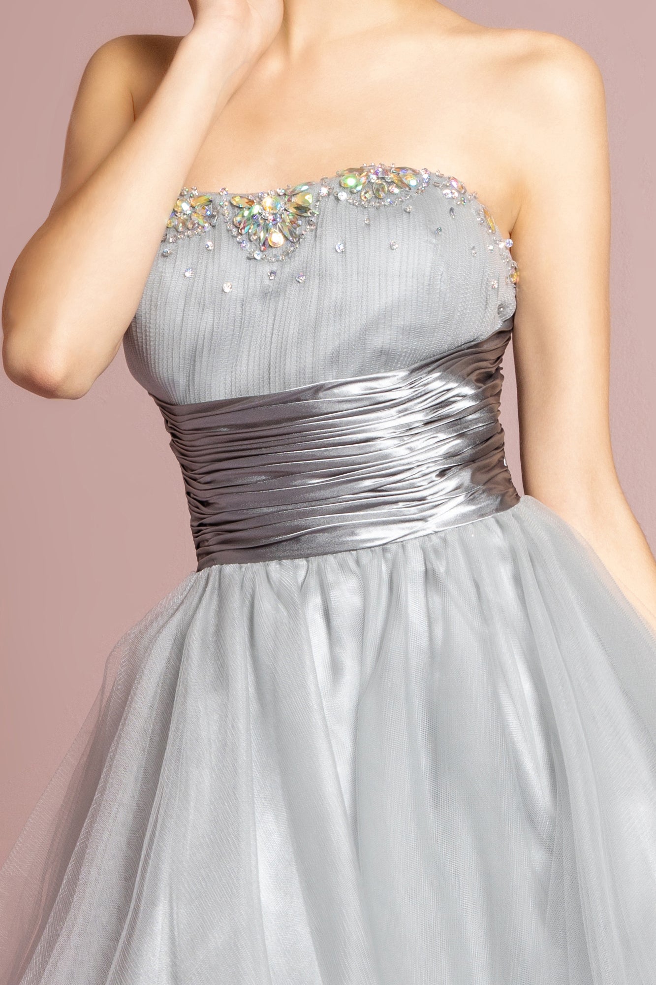 Sleeveless Sweetheart Beaded Tulle Short Dress with Pleated Satin Waistband