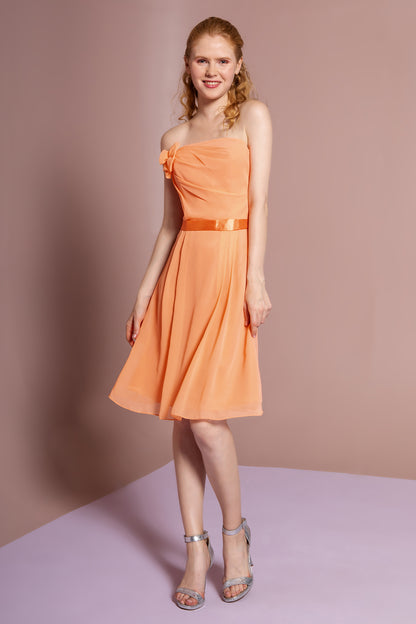 Strapless Chiffon Short Dress with Floral Accent and Satin Waistband