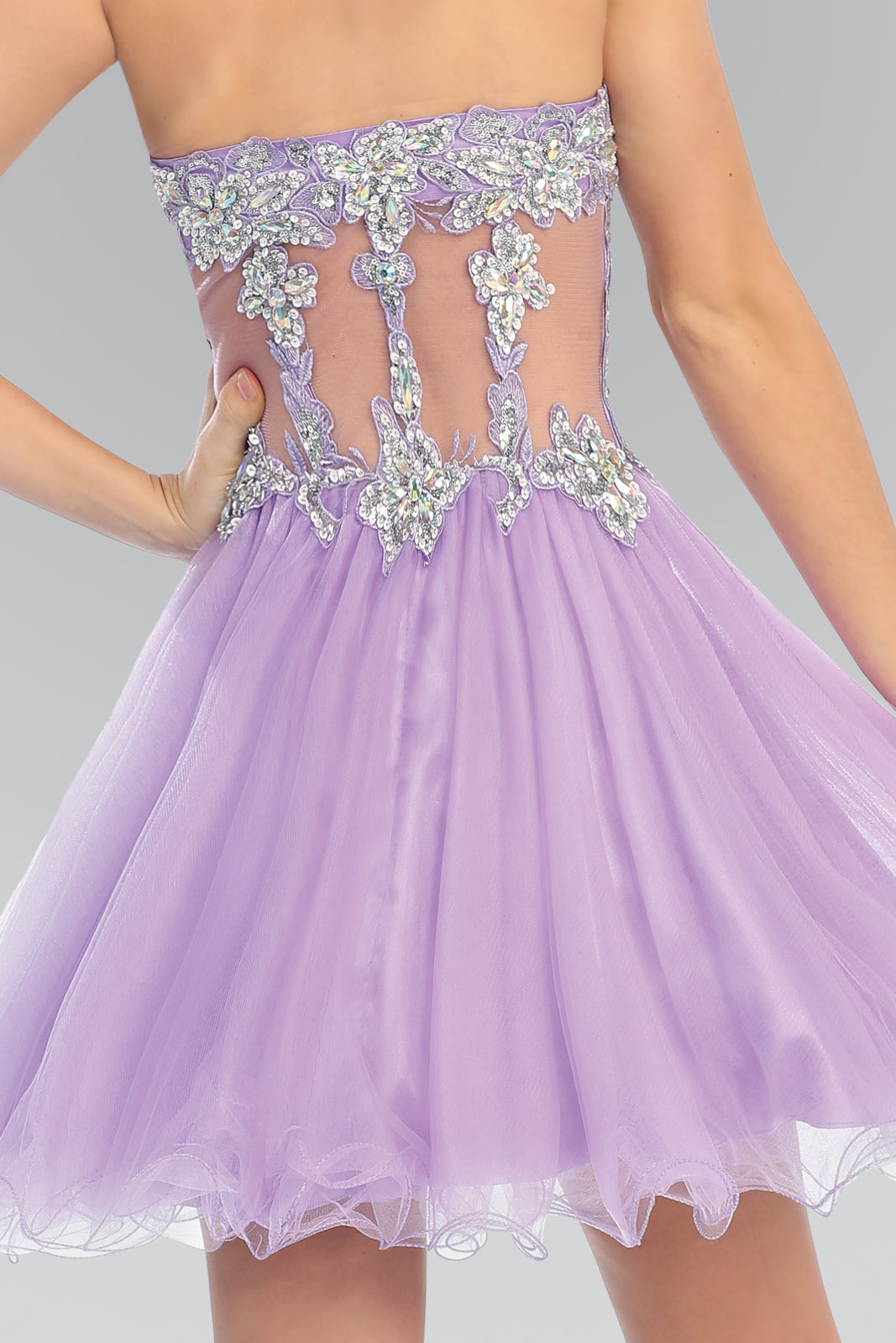 Strapless Sweetheart Bead and Sequin Embellished Tulle Short Dress with Sheer Waistline