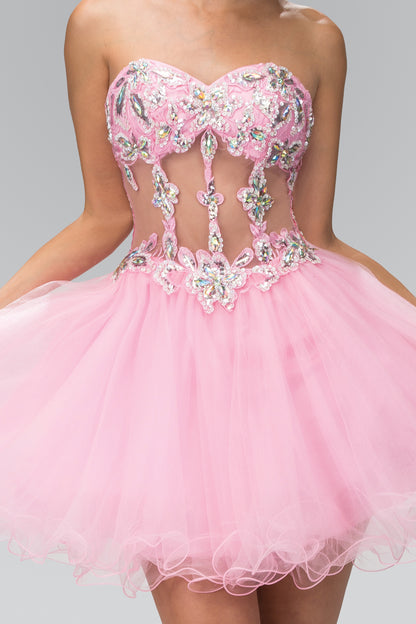 Strapless Sweetheart Bead and Sequin Embellished Tulle Short Dress with Sheer Waistline