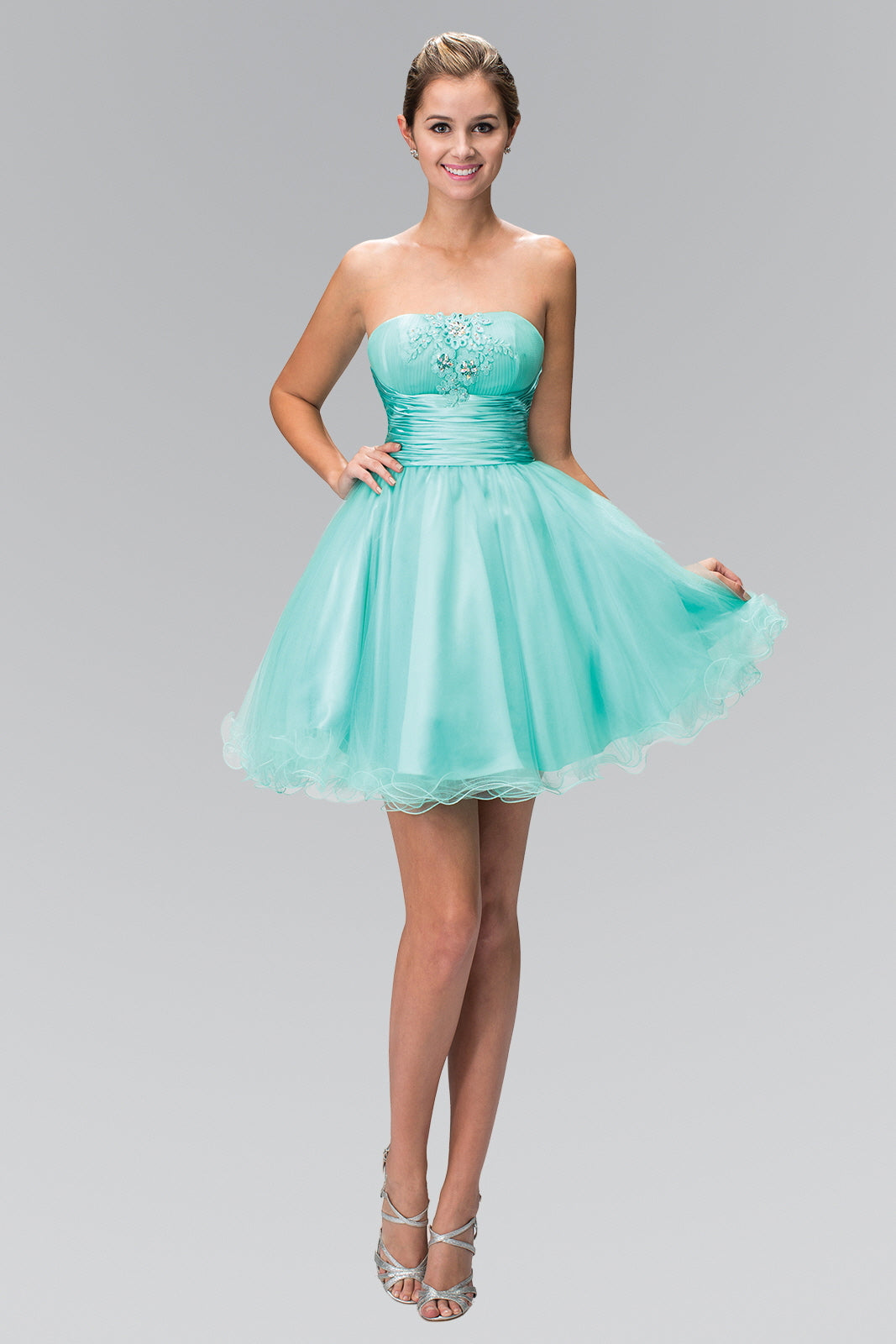 Short Tulle Dress with Pleated Waistband and Floral Lace