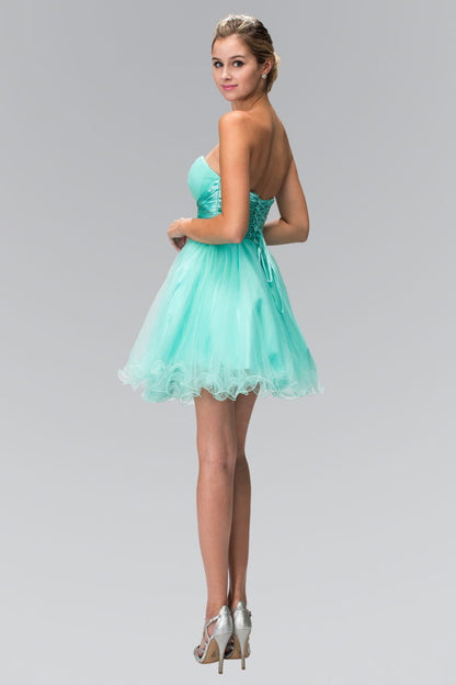 Short Tulle Dress with Pleated Waistband and Floral Lace