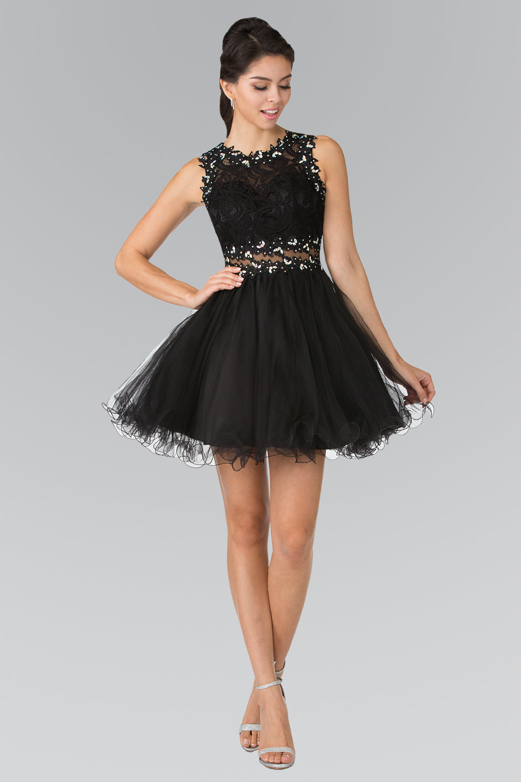 Sleeveless Short Dress with Lace Bodice and Sheer Waistline