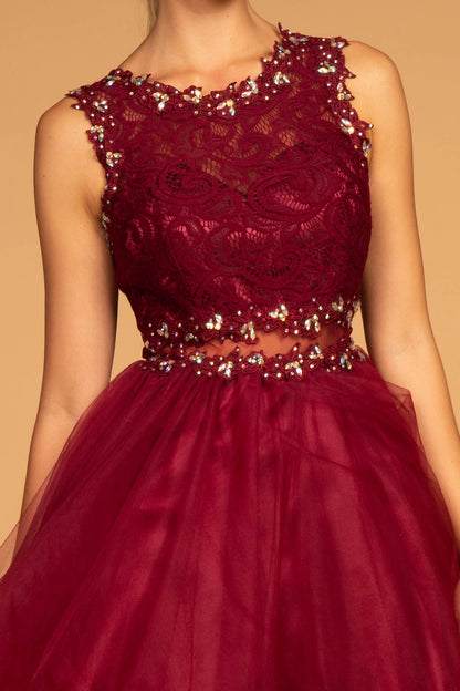 Sleeveless Short Dress with Lace Bodice and Sheer Waistline