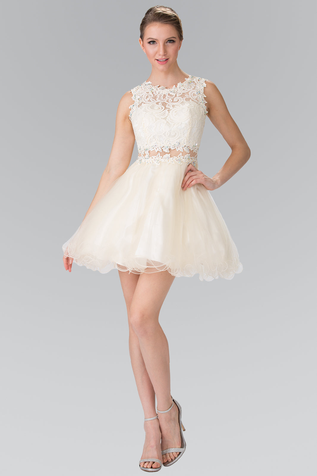 Sleeveless Short Dress with Lace Bodice and Sheer Waistline