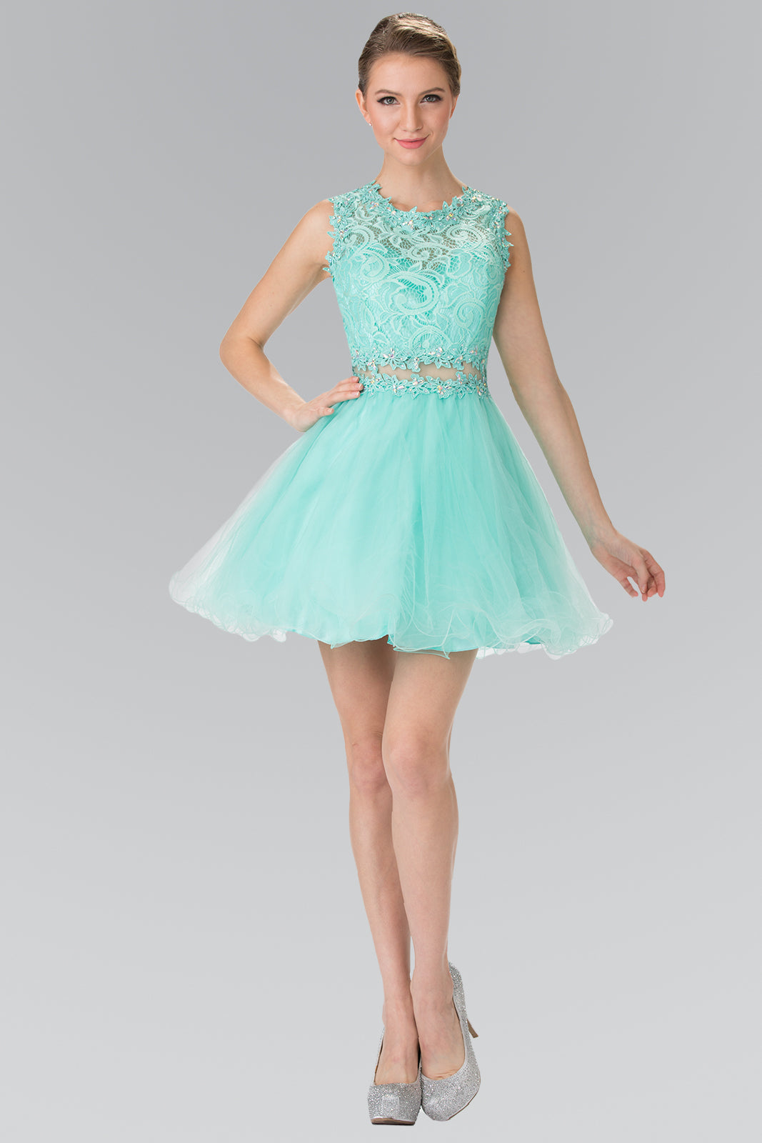 Sleeveless Short Dress with Lace Bodice and Sheer Waistline