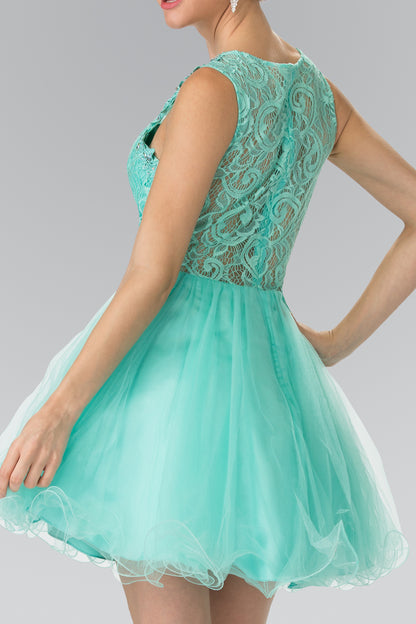 Sleeveless Short Dress with Lace Bodice and Sheer Waistline