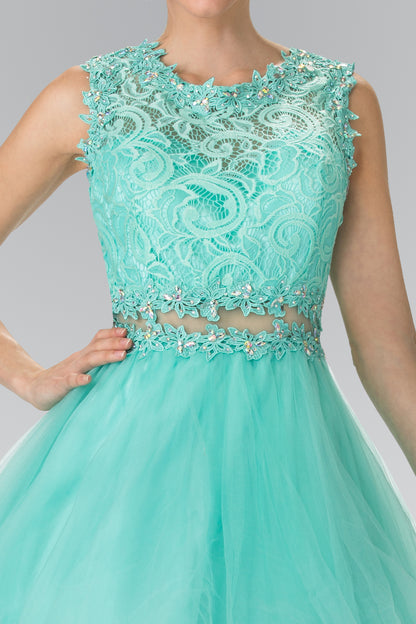 Sleeveless Short Dress with Lace Bodice and Sheer Waistline