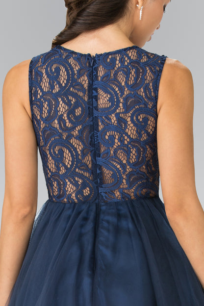 Sleeveless Short Dress with Lace Bodice and Sheer Waistline