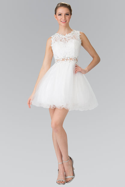 Sleeveless Short Dress with Lace Bodice and Sheer Waistline