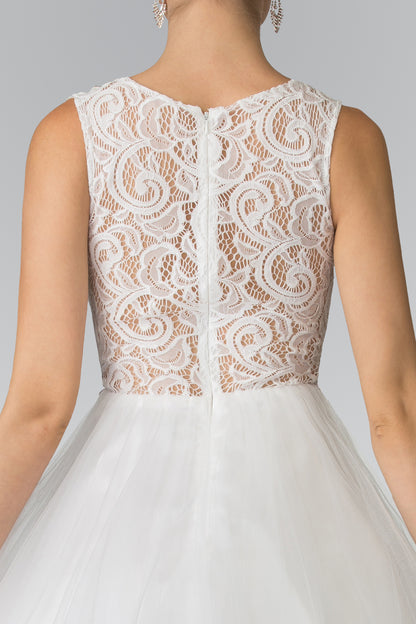 Sleeveless Short Dress with Lace Bodice and Sheer Waistline