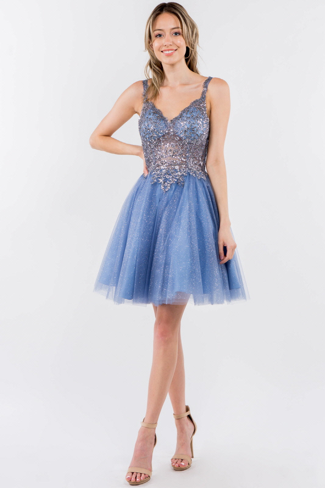 Sequin and Glitter Embellished Sheer Bodice V-Neck Short Dress