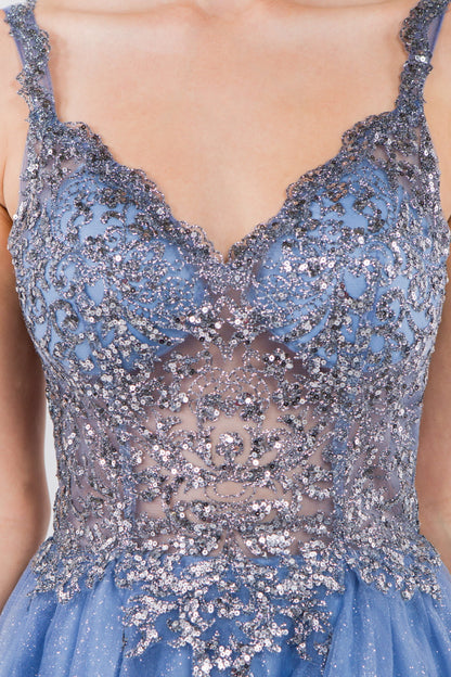 Sequin and Glitter Embellished Sheer Bodice V-Neck Short Dress