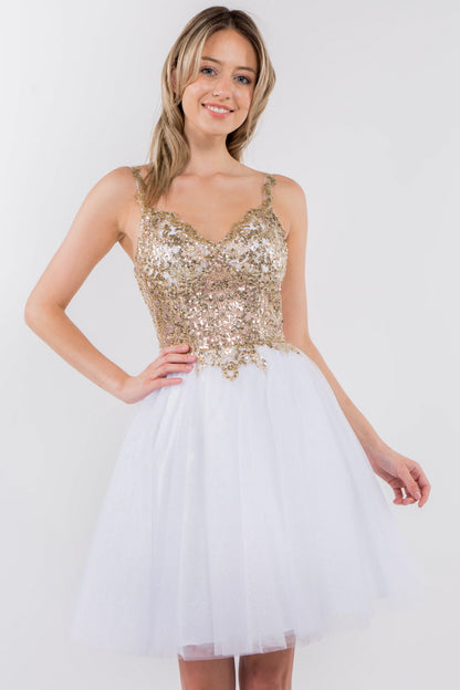 Sequin and Glitter Embellished Sheer Bodice V-Neck Short Dress