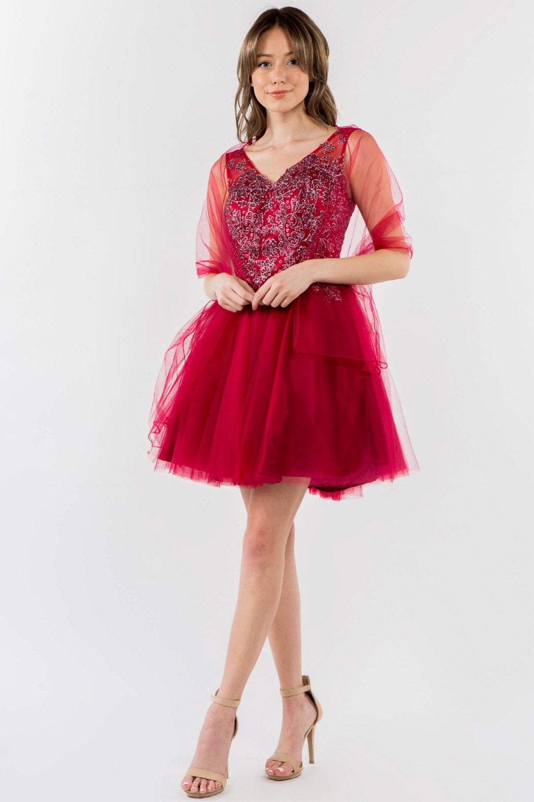 Glitter Embellished Bodice V-Neck Tulle Short Dress