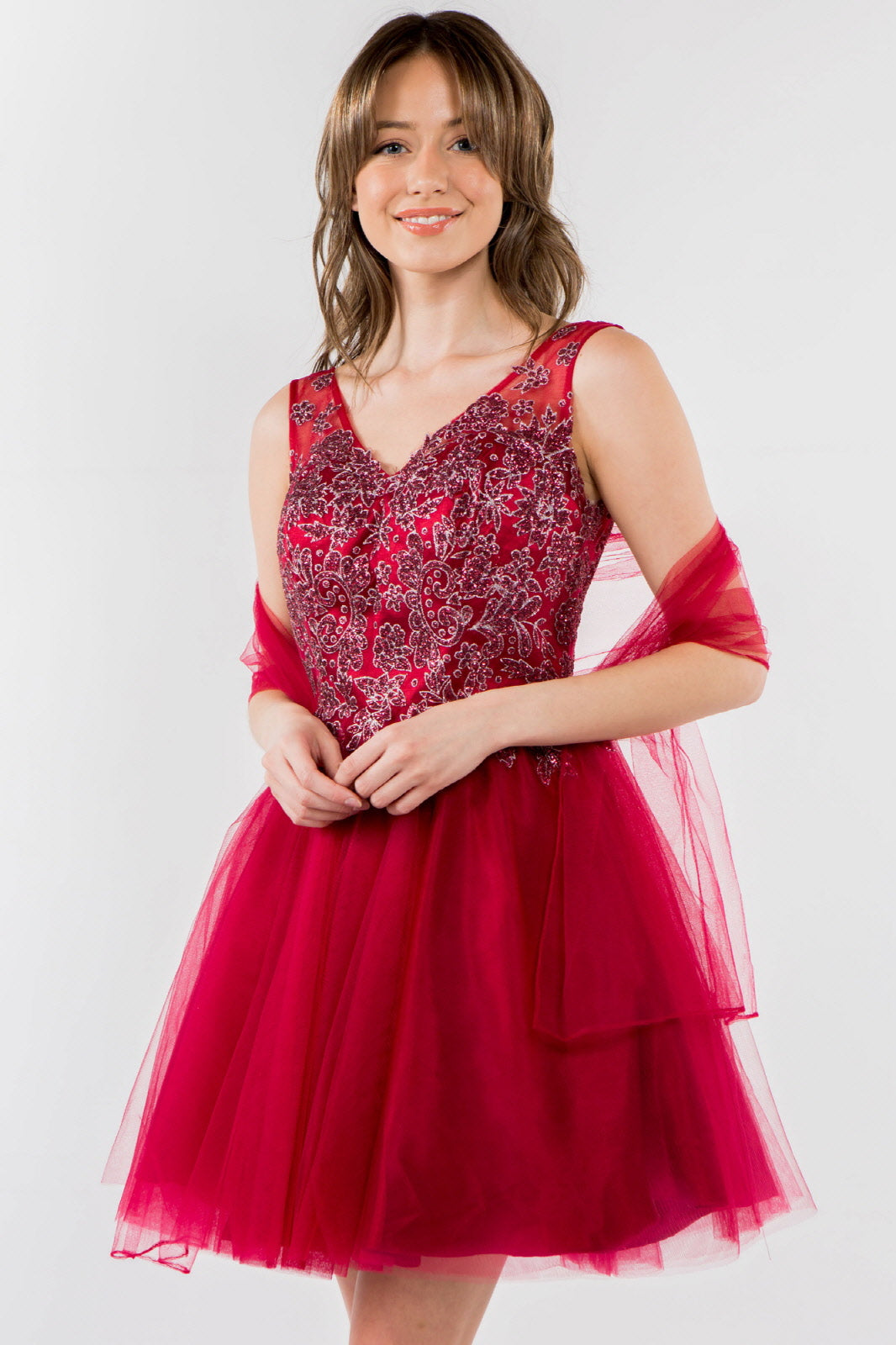 Glitter Embellished Bodice V-Neck Tulle Short Dress