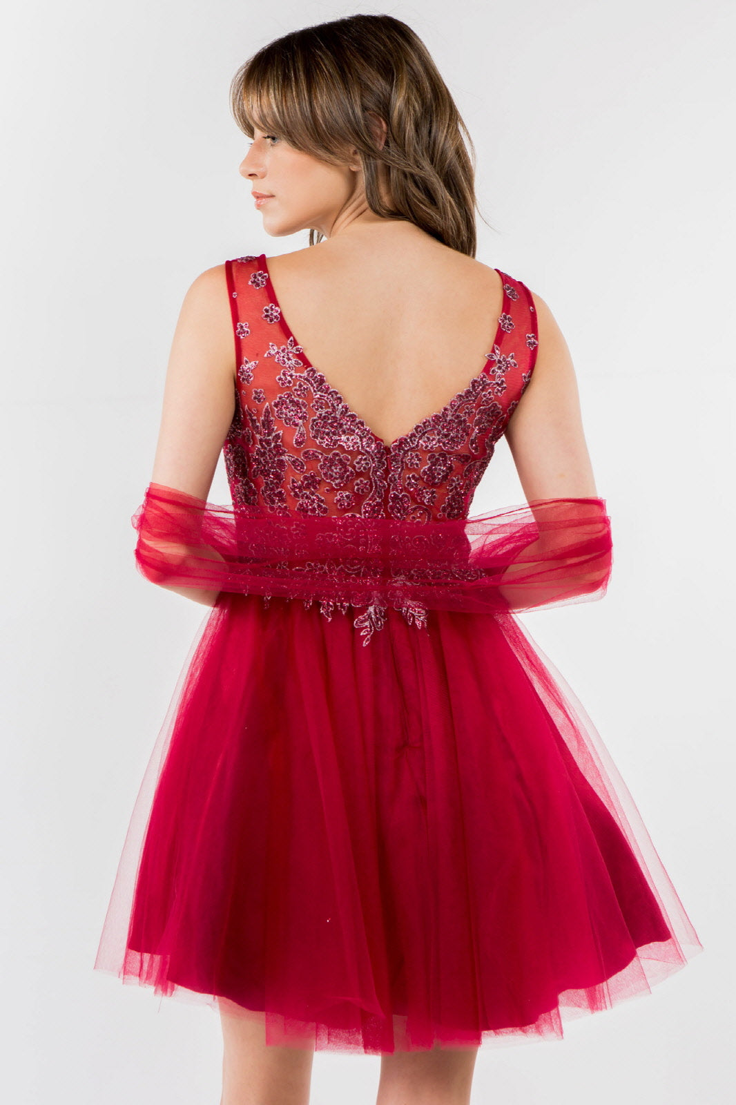 Glitter Embellished Bodice V-Neck Tulle Short Dress