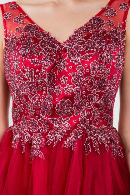 Glitter Embellished Bodice V-Neck Tulle Short Dress