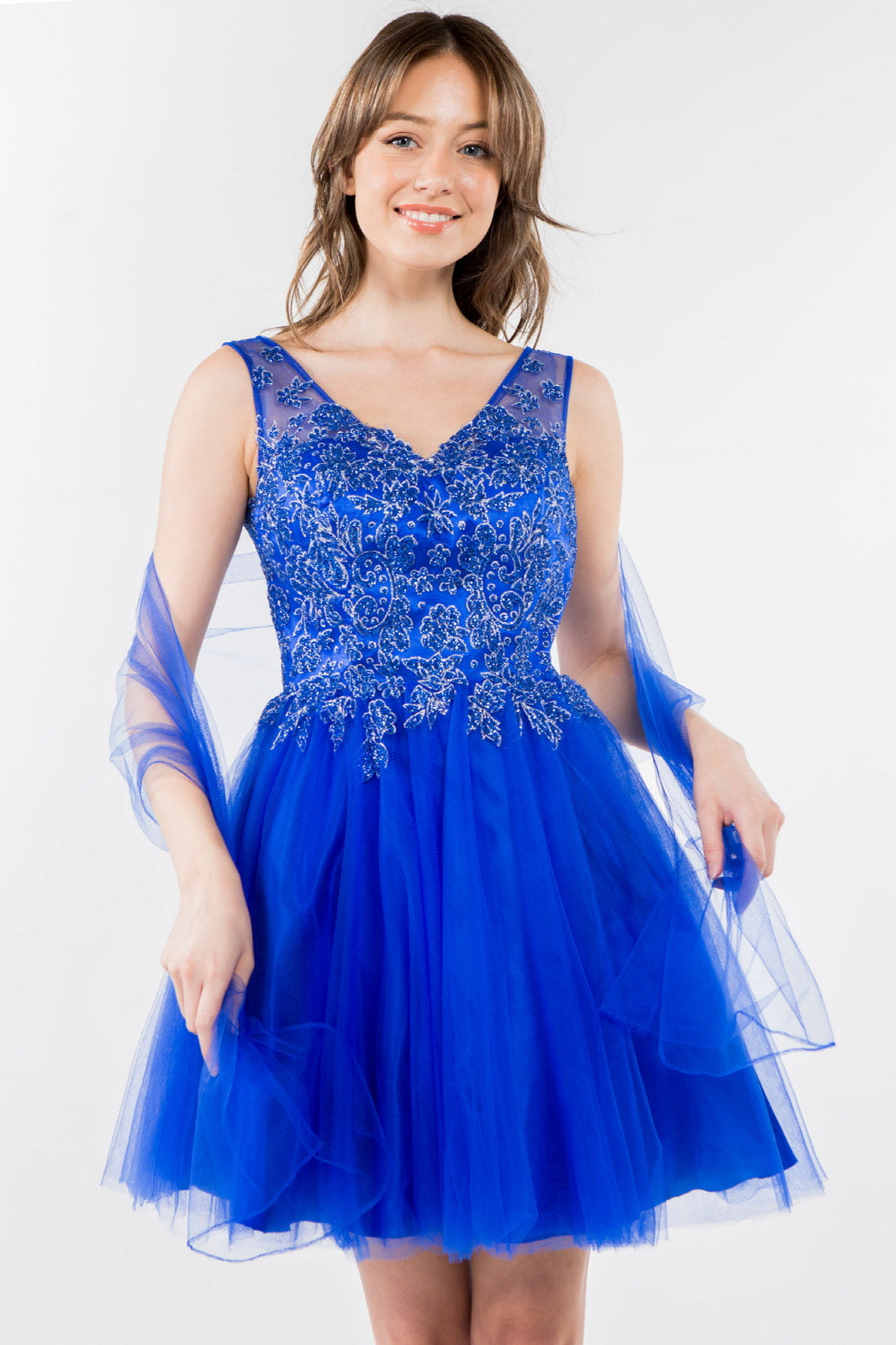 Glitter Embellished Bodice V-Neck Tulle Short Dress