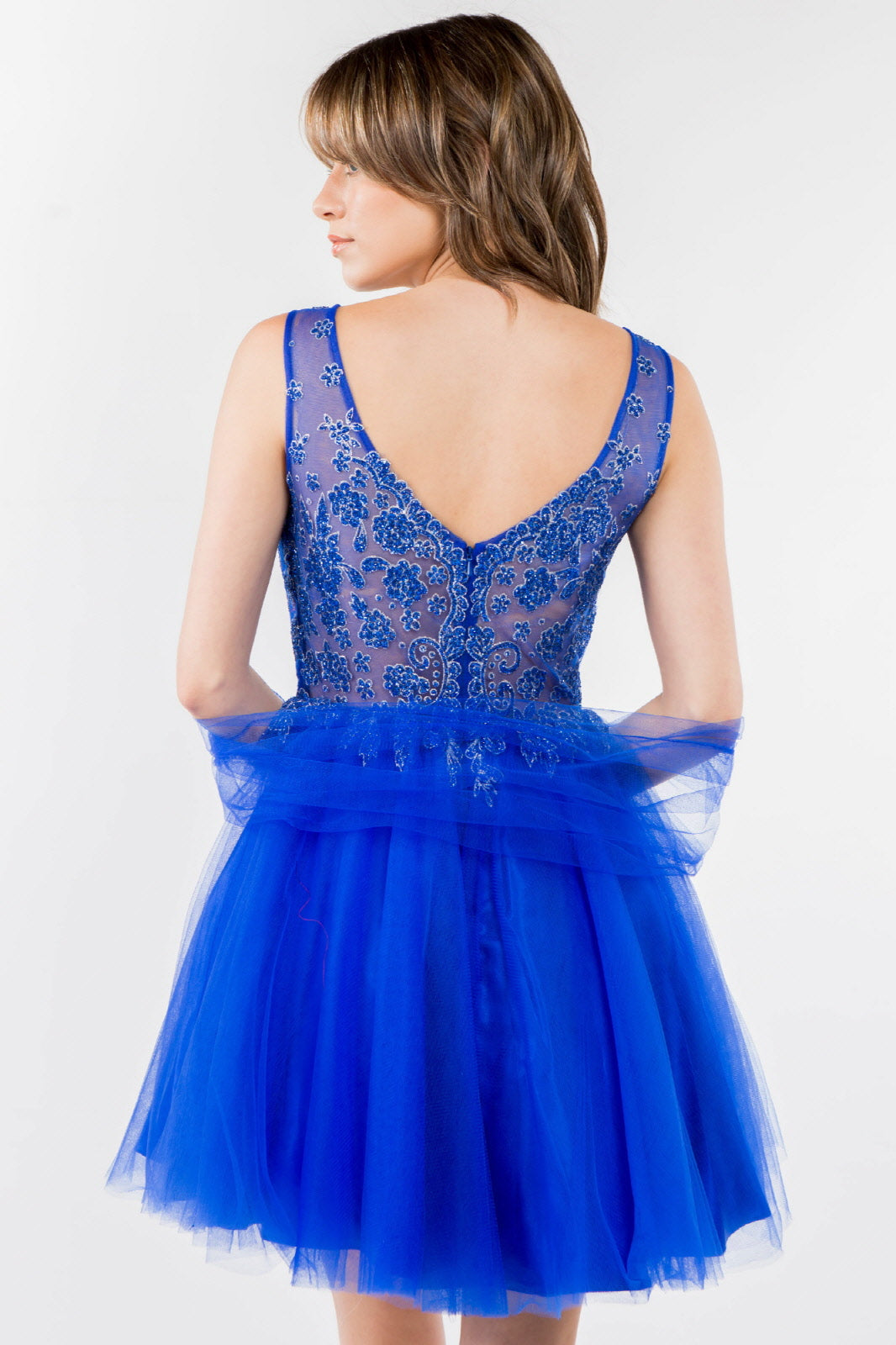 Glitter Embellished Bodice V-Neck Tulle Short Dress