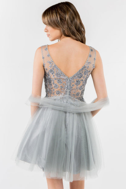 Glitter Embellished Bodice V-Neck Tulle Short Dress