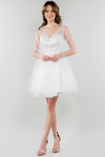 Glitter Embellished Bodice V-Neck Tulle Short Dress