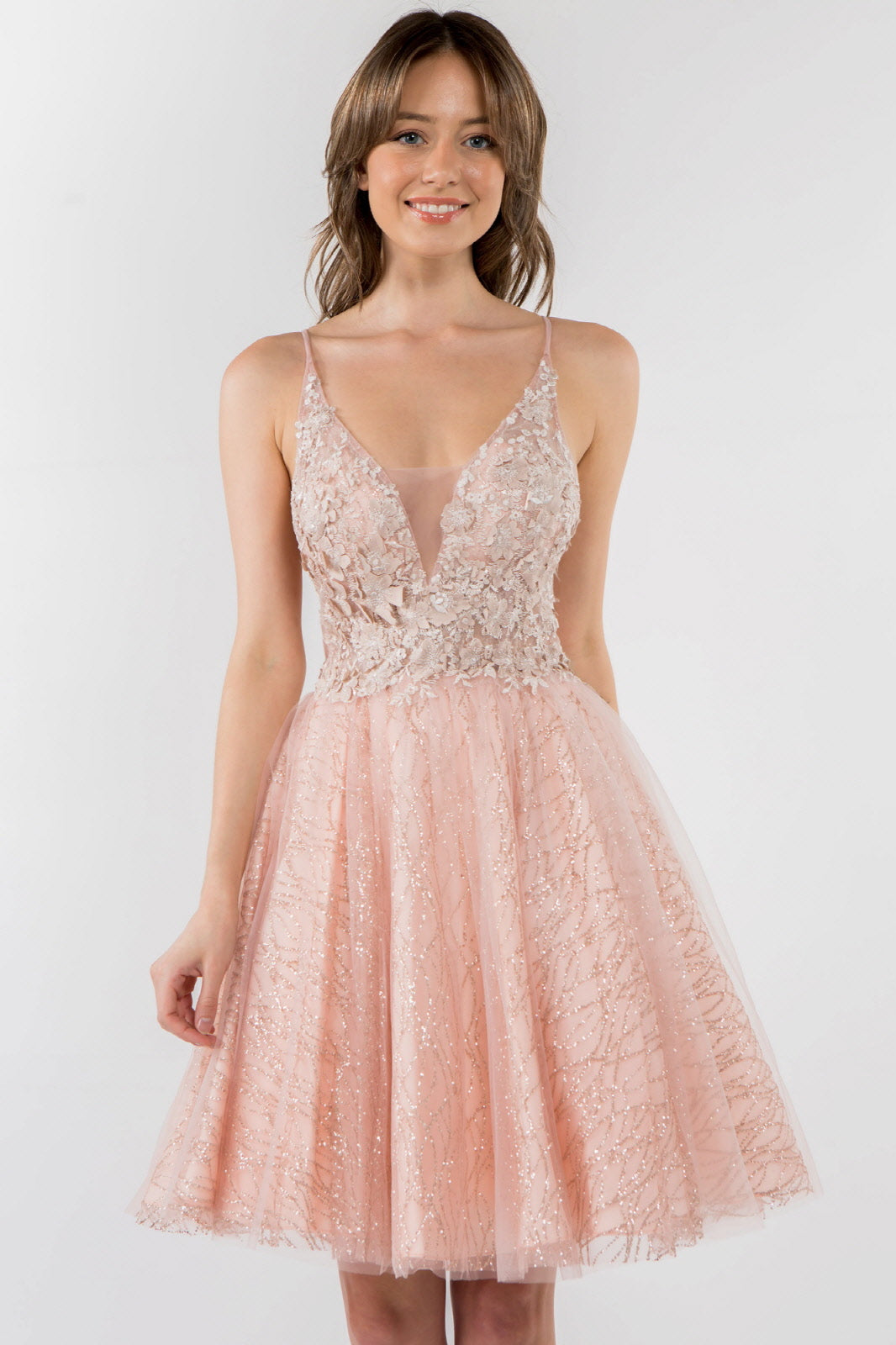 Sheer Bodice V-Neck Glitter Mesh Homecoming Dress