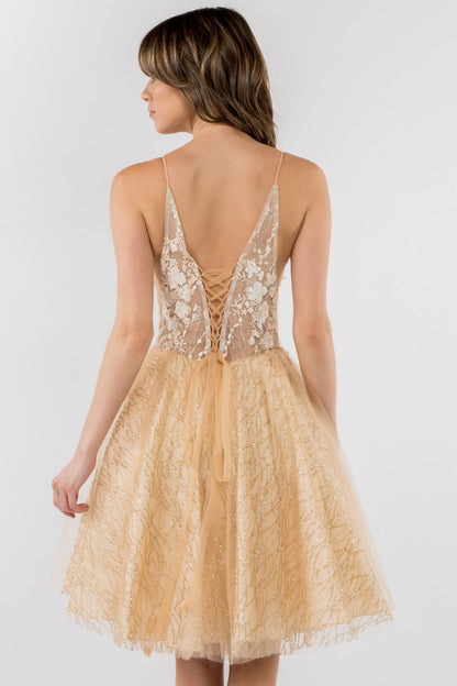 Sheer Bodice V-Neck Glitter Mesh Homecoming Dress