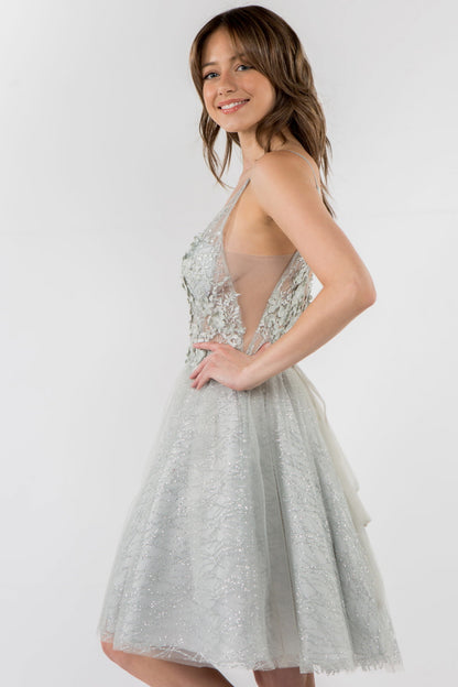 Sheer Bodice V-Neck Glitter Mesh Homecoming Dress