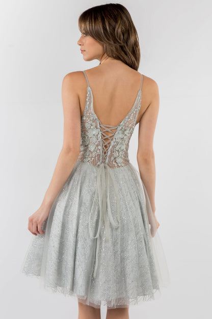 Sheer Bodice V-Neck Glitter Mesh Homecoming Dress