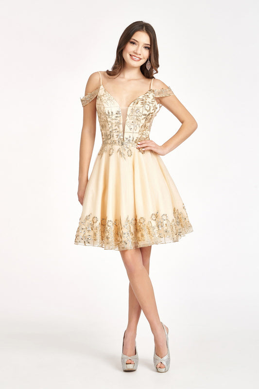 Glitter Embellished V-Neck Mesh Homecoming Dress