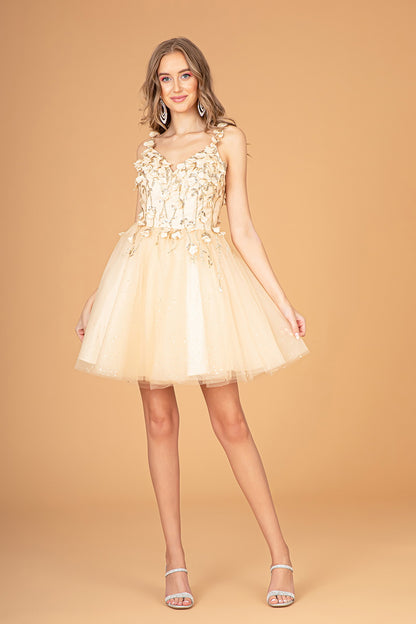 Sequin Floral Applique V-Back Glitter Mesh Homecoming Dress w/ Sweetheart Neckline