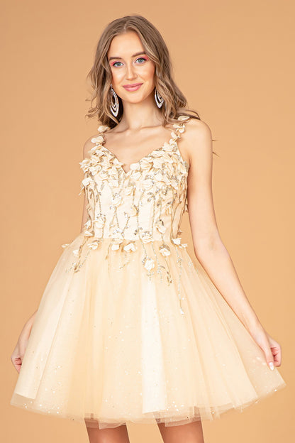 Sequin Floral Applique V-Back Glitter Mesh Homecoming Dress w/ Sweetheart Neckline