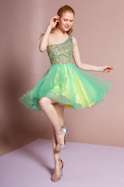 One Shoulder Rolled Hem Short Dress with Jewel Embellished Bodice