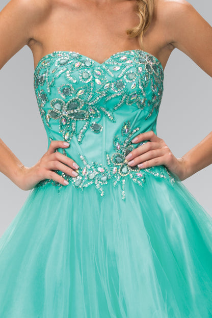 Strapless Sweetheart Tulle Short Dress with Jewel Embellished Bodice and Corset Back Detailing