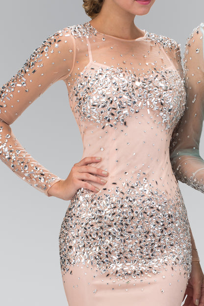 Sheer Long Sleeve Bodycon Short Dress Accented with Jewel and Sequin