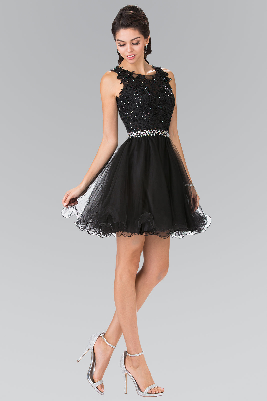 Lace Illusion Top A-line Short Dress with Beaded Waist