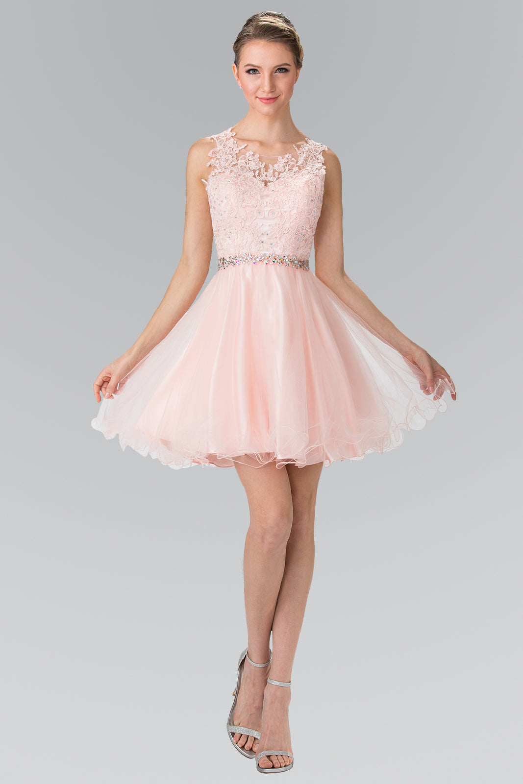 Lace Illusion Top A-line Short Dress with Beaded Waist