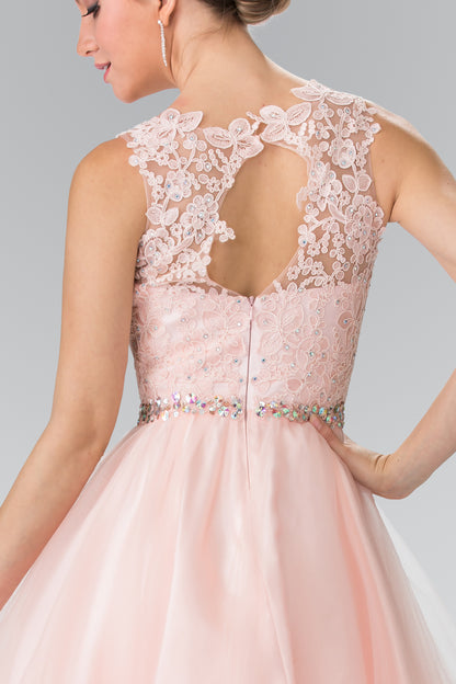 Lace Illusion Top A-line Short Dress with Beaded Waist