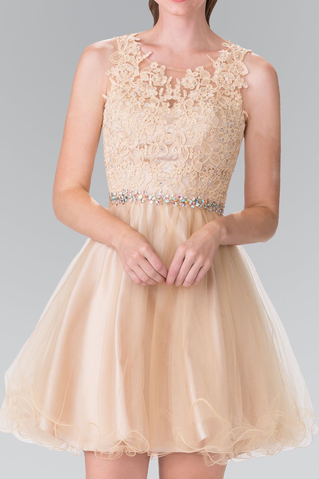 Lace Illusion Top A-line Short Dress with Beaded Waist