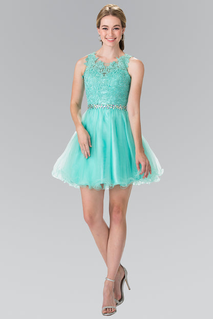 Lace Illusion Top A-line Short Dress with Beaded Waist