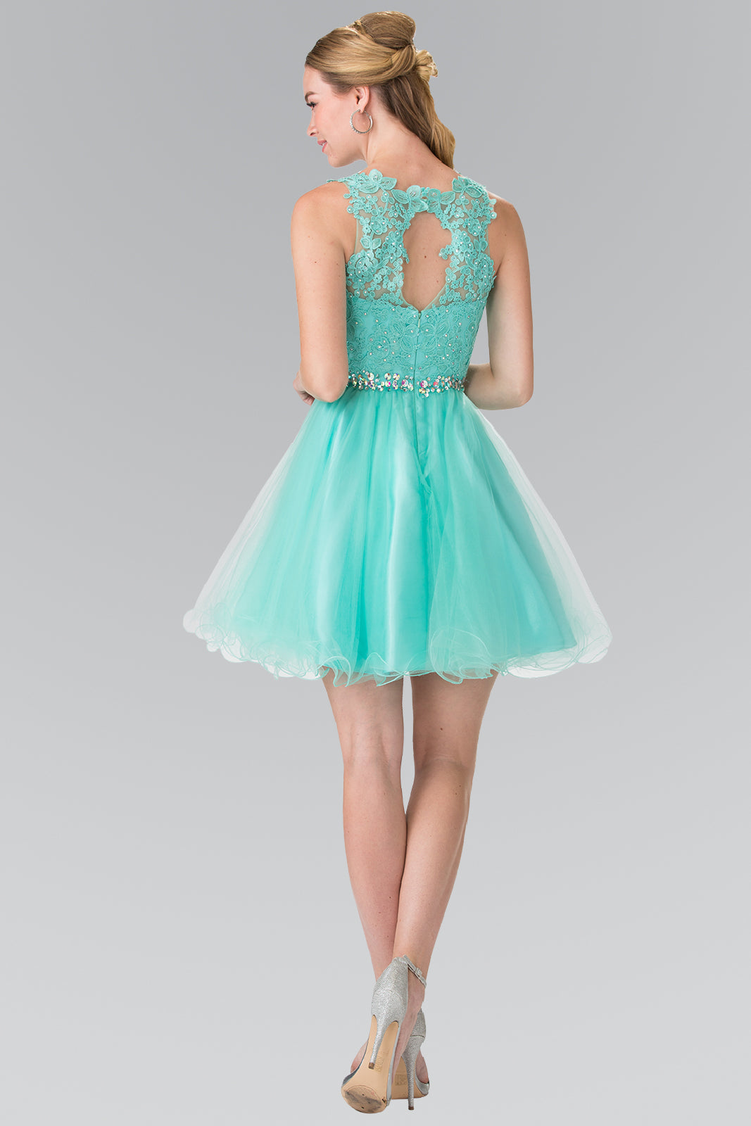 Lace Illusion Top A-line Short Dress with Beaded Waist