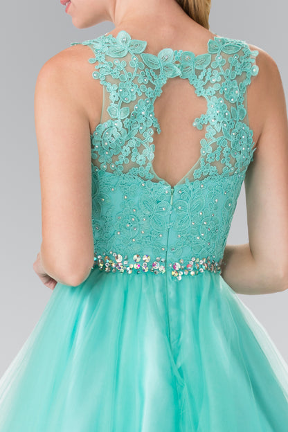 Lace Illusion Top A-line Short Dress with Beaded Waist