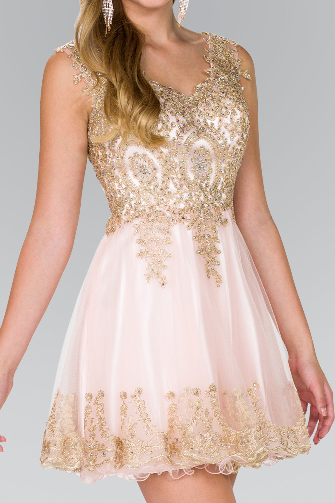 Tulle Short Dress Accented with Gold Lace